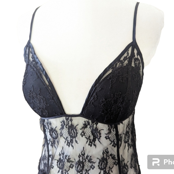 Victoria's Secret Teddy Large Lace Black Sheer Bodice Strappy Back Nightie Dress - Picture 2 of 4